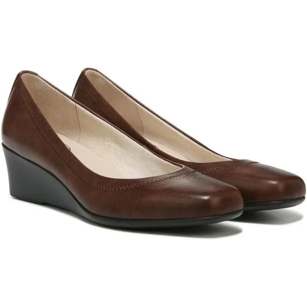 LifeStride Groovy Wedge Pumps Womens 8W Dark Tan Cowboy Brown Square Toe Comfort